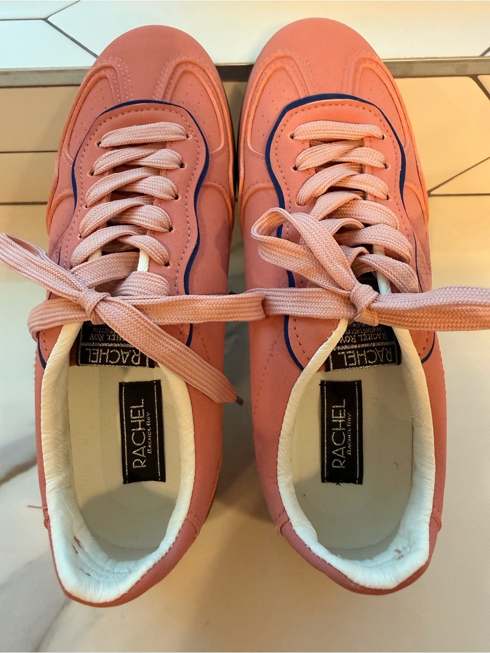NWOB Rachel Roy Coral Pink Lace-Up Sneakers with Navy Trim | Size 8 | 0007